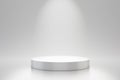 White studio template and round shape pedestal on simple background with spotlight product shelf. Blank studio podium for