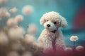 a white stuffed dog sitting in a field of dandelions