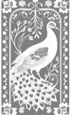 white stylized contour drawing of a peacock on a gray background, monochrome graphics