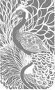white stylized contour drawing of a peacock on a gray background, monochrome graphics