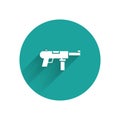 White Submachine gun M3, Grease gun icon isolated with long shadow. Green circle button. Vector