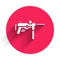 White Submachine gun M3, Grease gun icon isolated with long shadow. Red circle button. Vector