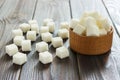 White sugar in bowls on wooden background. Selective focus, horizontal Royalty Free Stock Photo