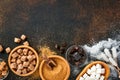 White sugar, cane sugar cubes, caramel in bamboo bowl on dark brown table concrete background. Assorted different types of sugar. Royalty Free Stock Photo