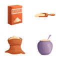 White sugar icons set cartoon vector. Sugar in canvas bag and carton package