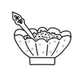 White sugar in old fashioned porcelain bowl with spoon doodle style vector outline for coloring book