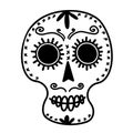 White sugar skull vector icon. Hand drawn doodle isolated on white background. Black silhouette of an ornamented head.