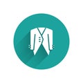 White Suit icon isolated with long shadow. Tuxedo. Wedding suits with necktie. Green circle button. Vector