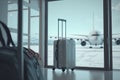 white suitcase at the airport in winter. winter vacation, AI Generated