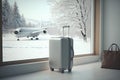 white suitcase at the airport in winter. winter vacation, AI Generated