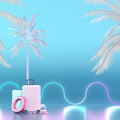 White suitcase with palm trees on neon illuminated background. Mock up for travel concept design with neon colors. 3D illustration