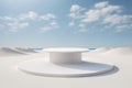 White summer beach background abstract with blue sky clouds sun scene. Minimal cosmetic product display stand 3d rendering