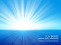 White sun burst in blue sky. Abstract sunlight bursting effect vector background