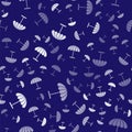 White Sun protective umbrella for beach icon isolated seamless pattern on blue background. Large parasol for outdoor Royalty Free Stock Photo