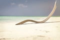 White sunbed on tropical calm beach with turquoise caribbean sea water and white sand.