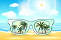 White Sunglasses reflection sunset at palm tree landscape scene in light blue studio, Summer Time concept, Leave space for adding Royalty Free Stock Photo