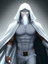 white superhero man with a black mask in a dark room, wizard man, Ai generated