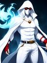 white superhero man with a black mask in a dark room, wizard man, Ai generated