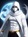 white superhero man with a black mask in a dark room, wizard man, Ai generated