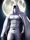 white superhero man with a black mask in a dark room, wizard man, Ai generated