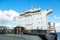 White superstructure of oil product tanker.