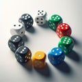 white surface with a circle of multi-colored dice arranged in a circle. Royalty Free Stock Photo