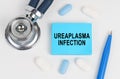 On a white surface lie pills, a stethoscope and stickers with the inscription - Ureaplasma infection