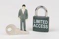 On a white surface there is a figurine of a businessman, a key and a lock with the inscription - Limited Access Royalty Free Stock Photo