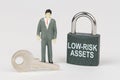 On a white surface there is a figurine of a businessman, a key and a lock with the inscription - Low-risk assets Royalty Free Stock Photo