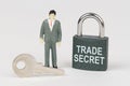 On a white surface there is a figurine of a businessman, a key and a lock with the inscription - trade secret Royalty Free Stock Photo