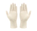 White surgical medical gloves isolated on white background with hands. Rubber glove manufacturing, human hand is wearing a latex g