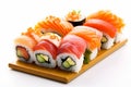 healthy background roll rice white seafood food fish set sushi japanese. Generative AI.