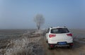 White SUV in the country road Royalty Free Stock Photo