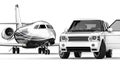 White SUV limousine with a private jet