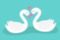 White swan birds floating in the water. Two bird love couple set. Happy Valentines day. Pink heart. Cute cartoon kawaii funny baby Royalty Free Stock Photo