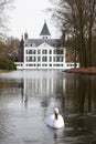 White swan with castle of Renswoude Royalty Free Stock Photo