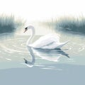 a white swan floating on top of a lake next to a grass covered shore line with tall grass and reeds in the water and a duckling