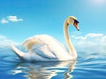 White swan in the foggy lake at the dawn. Morning lights. Romantic background. Beautiful swan. Cygnus. Romance of white Royalty Free Stock Photo