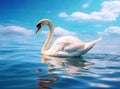 White swan in the foggy lake at the dawn. Morning lights. Romantic background. Beautiful swan. Cygnus. Romance of white Royalty Free Stock Photo