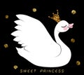 White swan in gold with sparkles crown on black background with gold circles and inscription sweet princess.