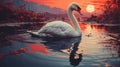 Swan In Red Sunset: Realistic And Hyper-detailed Rendering