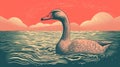 Pink Swan In Water: Woodcut-inspired Graphic With Detailed Skies