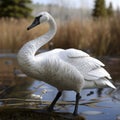 A white swan gracefully perched on a rock in the tranquil lake at sunrise Royalty Free Stock Photo