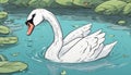 A white swan swimming in a pond