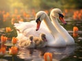 White Swan with Two Cute Chicks riding on her back