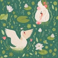 White swans bird in water lilies children wallpaper. Vector seamless pattern with swan and floral elements.