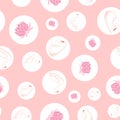 White swans, water lily and bubbles seamless pattern on pink background