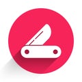 White Swiss army knife icon isolated with long shadow. Multi-tool, multipurpose penknife. Multifunctional tool. Red Royalty Free Stock Photo