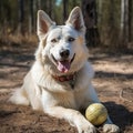 white swiss shepherd dog outdoors for a walk with ball