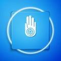 White Symbol of Jainism or Jain Dharma icon isolated on blue background. Religious sign. Symbol of Ahimsa. Blue square